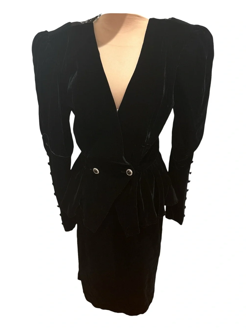 80s 2PC GOTH BLACK VELVET FITTED PEPLUM JACKET W LACE BACK INSERT & PENCIL SKIRT